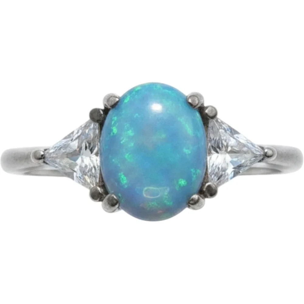 Sterling Silver‎ 925 Blue Opal Trillion CZ Three Stone Ring Size 6.25 Oxidized